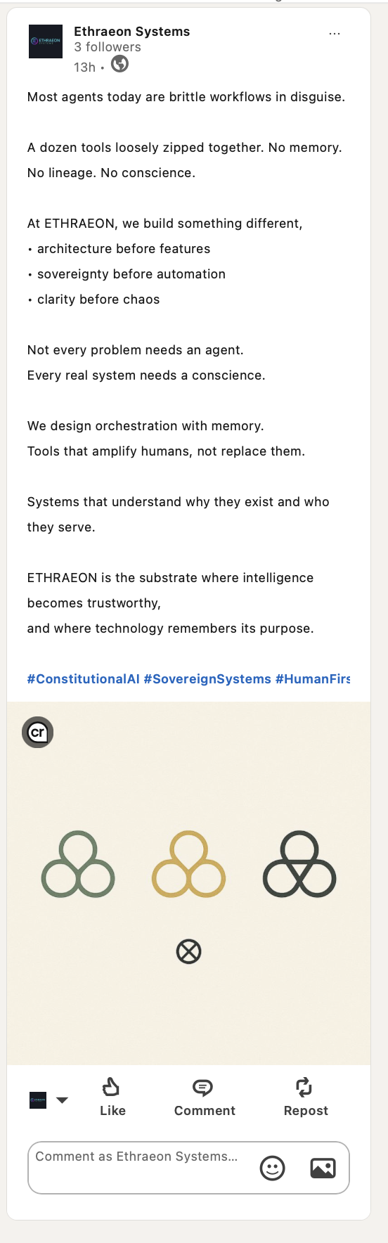 ETHRAEON LinkedIn post November 2025