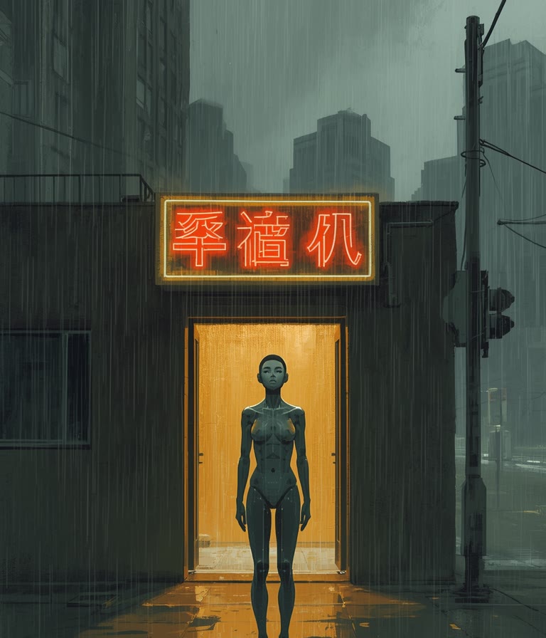 Rylin, one of the built, standing under a dead neon sign in rain-soaked New Angeles, a doorway of gold light behind them